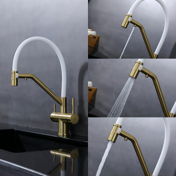 Смеситель для кухни/мойки Splenka S70.62.03 с подключением фильтра, однорычажный, поворотный/гибкий, керамический, излив 225 мм, высота излива 195 мм нержавеющая сталь/силикон, цвет золотой сатин/белый