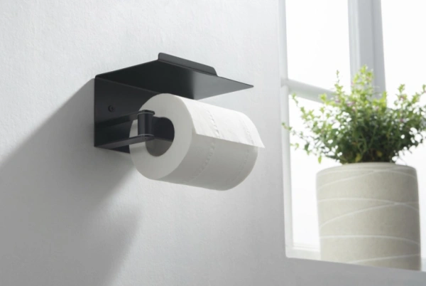Держатель для туалетной бумаги Aquatek Либра без крышки, с полкой, матовый черный, настенный, нержавеющая сталь, форма прямоугольная, для туалета/ванной, бумагодержатель