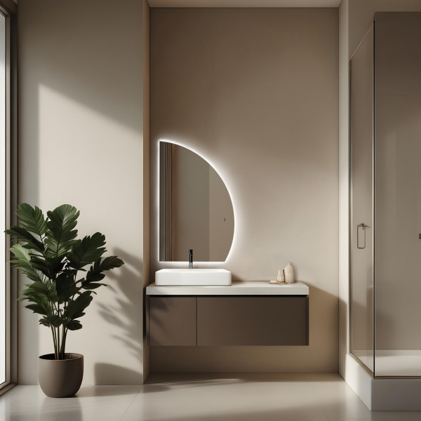 Зеркало Abber Teil 68,6х109,7 см с LED/ЛЕД-подсветкой, нестандартное, бесконтактный выключатель, диммер, правое, для ванны, навесное/подвесное/настенное