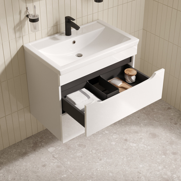 Тумба c раковиной IDDIS Ray, 710х465х610 мм, подвесная, 2 выдвижных ящика, МДФ/санфарфор, раковина накладная, прямоугольная, цвет белый глянцевый, отверстие под смеситель RAY70W0i95K