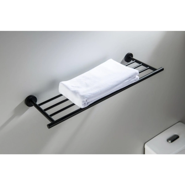 Полка Aquatek Оберон 600х220 мм настенная, для полотенец, цвет матовый черный, нержавеющая сталь/латунь, прямоугольная, подвесная, для душа/ванной