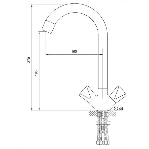Смеситель для кухни/мойки Melodia Lucia двухвентильный, поворотный излив R-образный, керамический, высота 195 мм, длина 165 мм, латунь, цвет хром MDV32215