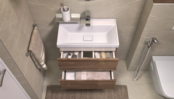 Тумба под раковину Velvex Mondi 600-0-2, 590х356х490 мм подвесная, цвет акация темная, 2 выдвижных ящика, подходит раковина Classica 60 Slim, универсальная, в ванную комнату