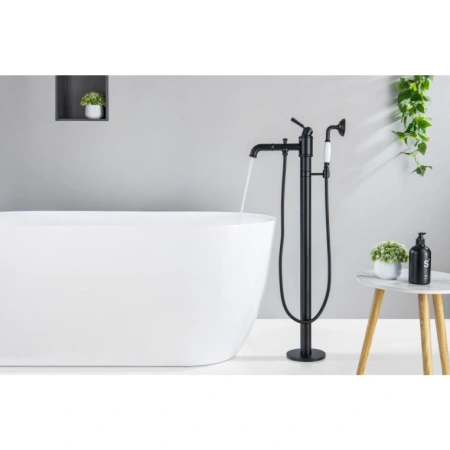 Смеситель для ванны/душа Aquatek Классик напольный, однорычажный, неповоротный, длина 227 мм, керамический, латунь, цвет черный матовый