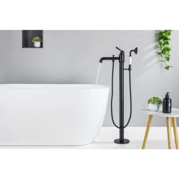 Смеситель для ванны/душа Aquatek Классик напольный, однорычажный, неповоротный, длина 227 мм, керамический, латунь, цвет черный матовый