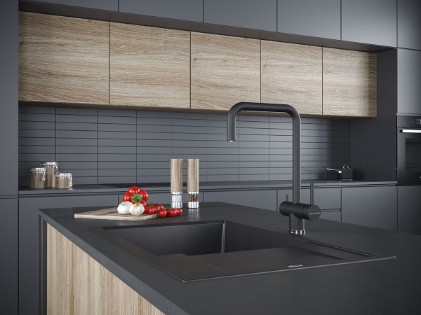 Смеситель для кухни/мойки Paulmark Wetter, с подключением к фильтру/биканальный, однорычажный, поворотный, керамический картридж, высокий, длина излива 220 мм, нержавеющая сталь, цвет антрацит