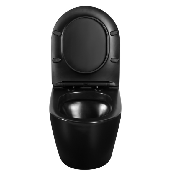 Унитаз подвесной ABBER Bequem 580х360х380 мм цвет черный матовый, горизонтальный (прямой) выпуск, импульсный смыв, система антивсплеск, безободковый, с сиденьем микролифт, дюропласт, под скрытый бачок AC1108PMB