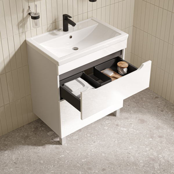 Тумба c раковиной IDDIS Ray, 710х465х835 мм, напольная, 2 выдвижных ящика, МДФ/раковина накладная, прямоугольная, цвет белый, санфарфор, отверстие под смеситель RAY70WFi95K