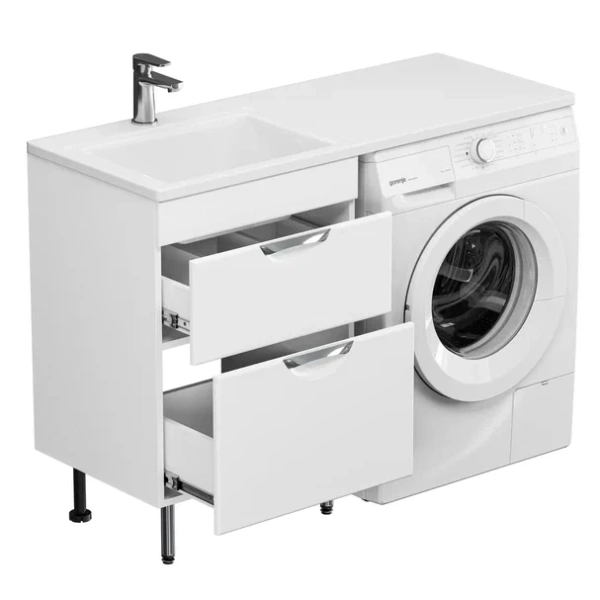 Тумба под раковину GRADEONIKA Аура 120 под стиральную машину, 56,5х43,3х50 см, напольная, цвет белый, 2 выдвижных ящика, (под умывальник Марсал/Даллас 120), правая/левая, универсальная 48194