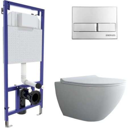 Комплект унитаза с инсталляцией Berges Novum 525 (унитаз подвесной, безободковый, овальный PUMA XL Rimless (горизонтальный/в стену выпуск), кнопка двойная L3 (хром глянец), сиденье Toma Slim SO, микролифт, быстросъёмное)