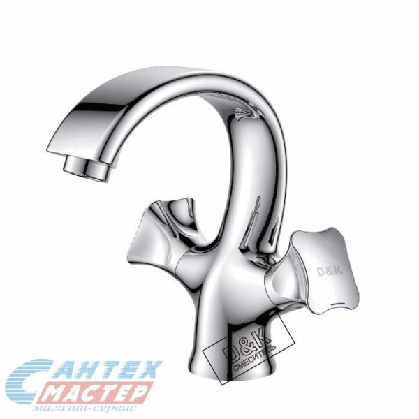 Смеситель для раковины D&K Hessen Grimm двухвентильный, излив короткий, длина 103 мм, поворотный, керамический, латунь, цвет хром, без донного клапана