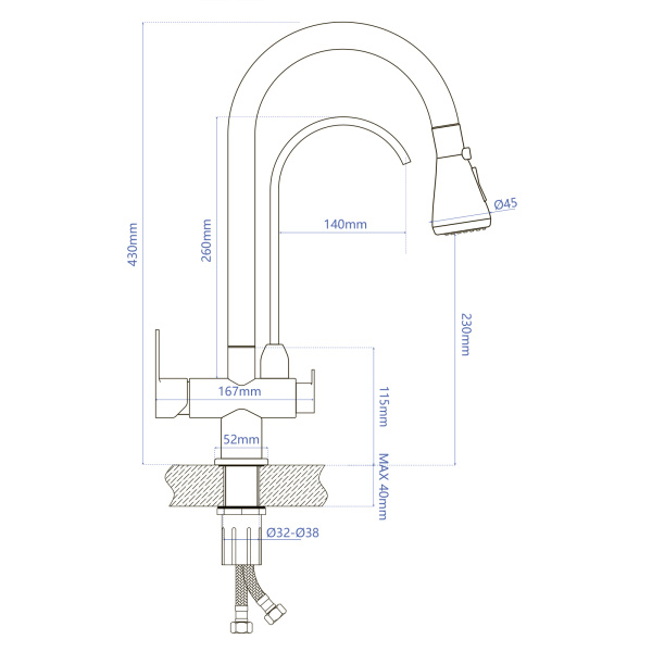 Смеситель для кухни/мойки AQUEDUC с переключателем фильтра для питьевой воды, однорычажный, поворотный/выдвижной, керамический, высота излива 230 мм нержавеющая сталь, цвет сталь 345330