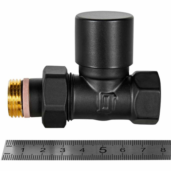 Клапан регулирующий Stout Design 1/2" (вентиль) запорно-балансировочный, цвет черный, прямой, ручной, регулируемый, с полусгоном, сгоном, американкой, для радиатора отопления