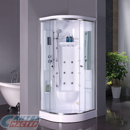 Душевая кабина 90х90х225 см Space, BandHours поддон низкий, полукруглая, угловая, с гидромассажем, с паром, с сиденьем, с верхним душем, смеситель, профиль хром , прозрачное стекло, белая, закрытая