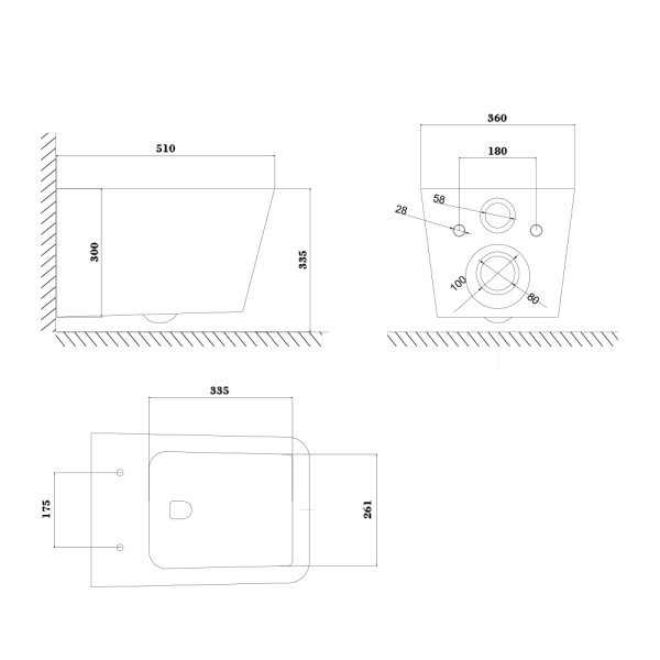 Унитаз подвесной Olives PORTO, БЕЛЫЙ, прямоугольный, горизонтальный (прямой, в стену) выпуск, безободковый, с быстросьемным сиденьем микролифт, с крышкой (сиденье) 