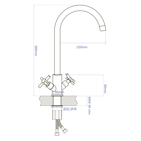 Смеситель для кухни/мойки AQUEDUC двухвентильный, поворотный, длина излива 220 мм, нержавеющая сталь, цвет сталь 345713
