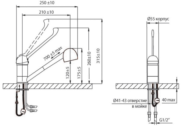 Смеситель для кухни/мойки Варион WEGA, однорычажный, поворотный, керамический, с выдвижной лейкой, длина излива 210 мм, латунь, цвет хром