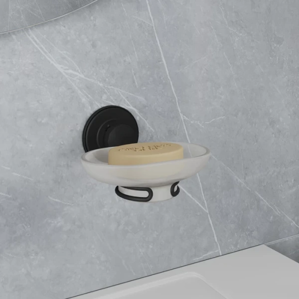 Мыльница Milardo Easy проволока стальная, черный матовый/матовое белое стекло, подвесная/настенная, форма округлая, для душа/мыла, в ванную/туалет/душевую кабину EASBWSGM42