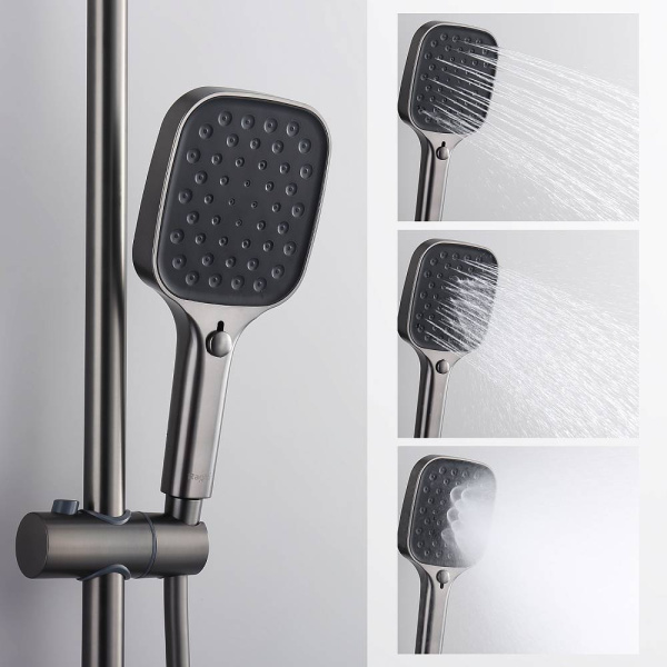 Душевая система Raglo R50.24.09 со смесителем, высота 1225-1675 мм цвет графит, комплект: однорычажный смеситель/излив/тропический душ прямоугольный (с верхней лейкой)/лейка/стойка/шланг, латунь