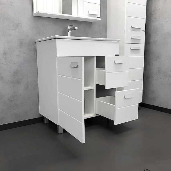 Тумба с раковиной Comforty Модена 75М, 75,5х87,5х46,5 см, напольная, 2 выдвижных ящика/1 распашная дверца, ЛДСП/МДФ, прямоугольная, цвет- белый матовый/раковина Quadro 75, прямоугольная, цвет белый, встраиваемая