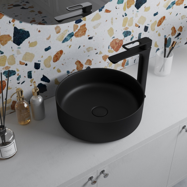 Раковина IDDIS Ray 35,5х35,5х12 см, накладная, круглая, керамическая/фарфоровая, цвет черный матовый, без отверстия под смеситель, без слив-перелива, умывальник
