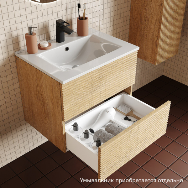 Тумба под раковину IDDIS Bild 452х603х500 мм подвесная, цвет дуб светлый, с горизонтальной фрезеровкой, 2 выдвижных ящика, МДФ, прямоугольная, в ванную комнату