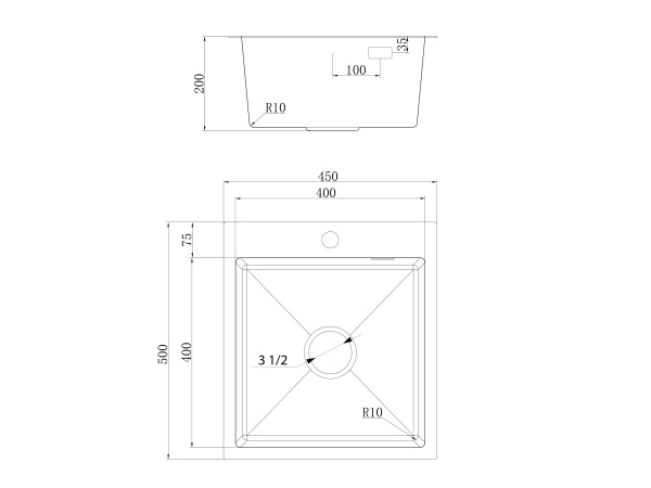 Мойка Ukinox Практика, 45х50 см, врезная, прямоугольная, цвет черная сталь, с отверстием под смеситель, перелив, без крыла, без выпуска, нержавеющая сталь