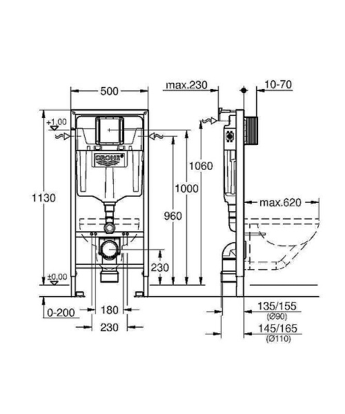 Инсталляция Grohe Rapid SL для подвесного унитаза без кнопки