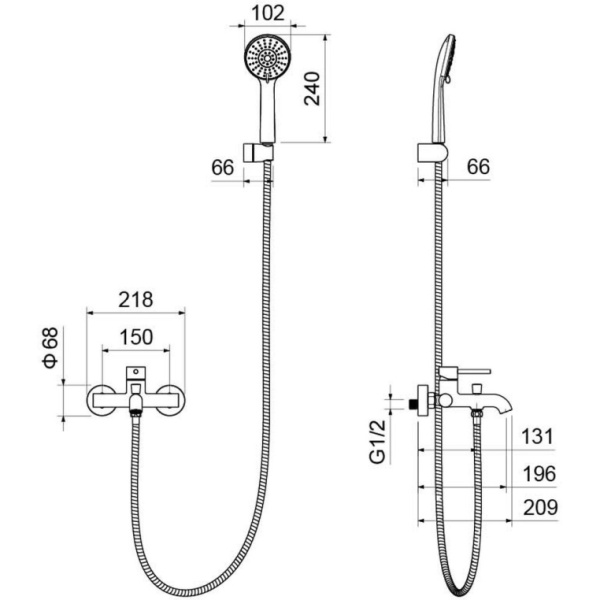 Смеситель для ванны/душа Aquatek Европа однорычажный, керамический, настенный, излив фиксированный 196 мм, с гибким шлангом, душем/лейкой, латунь, цвет шлифованное золото