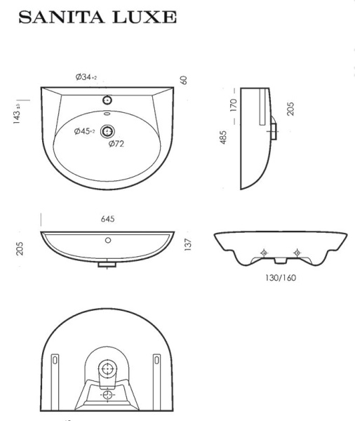 Раковина Sanita Classic Luxe SL 64.5x48.5х14 см, подвесная, полукруглая, цвет белый, керамическая/фарфоровая, с отверстием под смеситель, слив-перелив