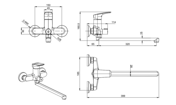 Смеситель для ванны/душа Aquatek Вега однорычажный, керамический, настенный, излив поворотный 320 мм, без шланга и лейки, латунь, цвет черный матовый