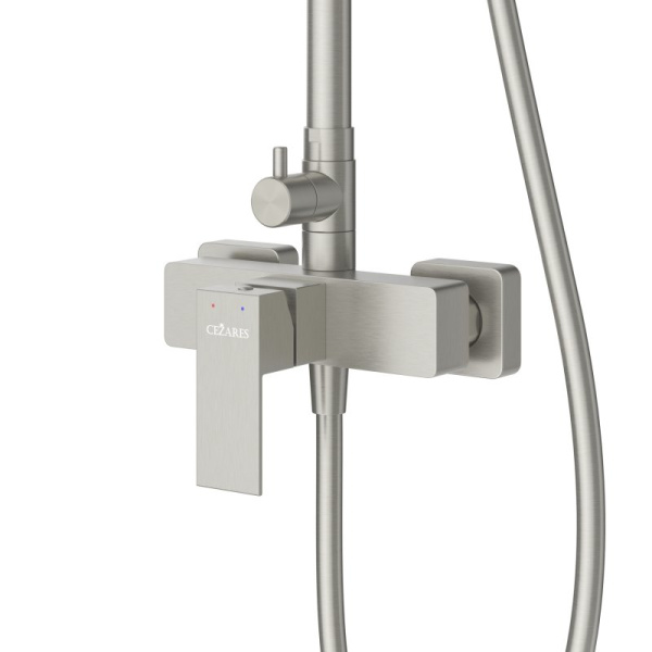 Душевая система Cezares Slider высота 1460 мм, цвет сатин, комплект: однорычажный смеситель/тропический душ (с верхней лейкой)/стойка/лейка/шланг, наружного монтажа