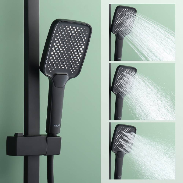 Душевая система Raglo R01.24.06 со смесителем, высота 1026-1566 мм цвет черный, комплект: однорычажный смеситель/излив/тропический душ прямоугольный (с верхней лейкой)/лейка/стойка/шланг, нержавеющая сталь/латунь