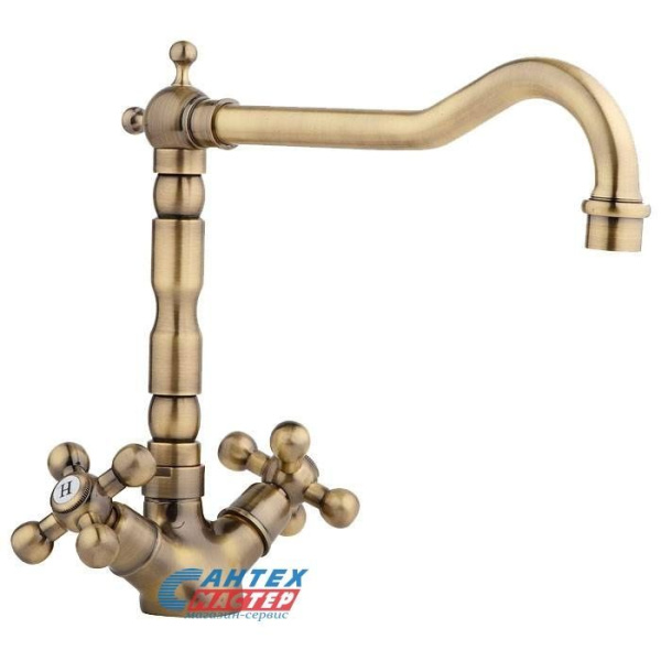 Смеситель для кухни/мойки Ukinox двухвентильный, керамический, с высоким поворотным изливом, длина 217 мм, латунь, цвет бронза, кухонный, вертикальный, кран, комплект, сантехника, водопроводные, размер, характеристики, высота, расстояние, длина