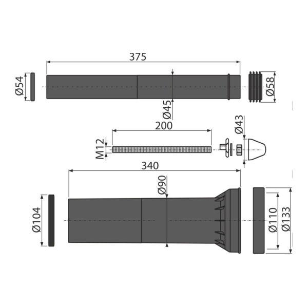 Монтажный комплект Alcaplast для подвесного унитаза удлиненный (трубки,крепёж) M9000