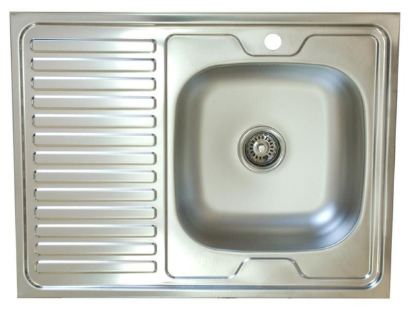 Мойка KromRus, 80х60 см, толщина 0.6 мм, с левым крылом, накладная, нержавеющая сталь, прямоугольная, цвет матовый, отверстие под смеситель, для кухни, прямая, встроенная