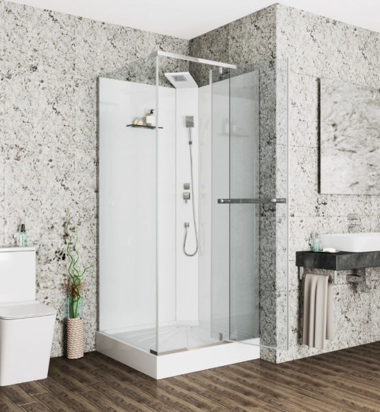 Душевая кабина Cerutti SPA Mimi, 90х90х215 см, поддон низкий, квадратная, угловая, стекло прозрачное, заднее белое, (без гидромассажа), без крыши, профиль белый, открытая