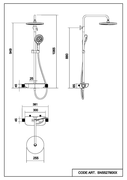 Душевая система Abelsberg Lineara с термостатом, высота 900−1300 мм цвет глянцевый хром, комплект: смеситель/полка для душа/тропический душ (с верхней лейкой)/лейка/стойка/шланг, латунь/ABS-пластик