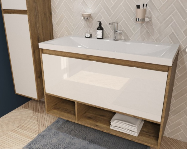 Тумба с раковиной Эстет Monaco Wood 100, 998х607х476 мм, подвесная, 1 выдвижной ящик/открытые полки, ЛДСП/МДФ, прямоугольная, цвет: белый/дуб рустикальный/раковина Монако 100, прямоугольная, цвет белый