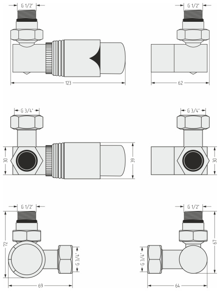 Автоматический терморегулятор Сунержа 3D левый G 1/2" НР х G 3/4" набор, цвет белый