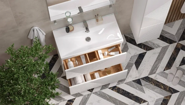 Тумба под раковину Velvex Edge 800-0-2, 804х393х796 мм напольная, цвет белый глянец, 2 выдвижных ящика, подходит раковина 9696-80, универсальная, в ванную комнату