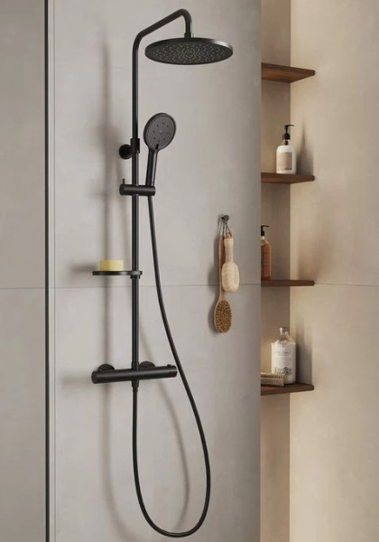 Душевая система настенная Milardo Ideal Spa 820 до 1140 мм цвет черный матовый, термостатический смеситель, без излива, тропический душ/лейка/стойка/шланг/держатель мыла  ILSBLTHM89