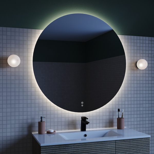 Зеркало IDDIS Bild, 100х100х3 см с LED/ЛЕД-подсветкой, с антизапотеванием, выключатель сенсорный, для ванны, навесное/подвесное/настенное, круглое BIL10T0i98