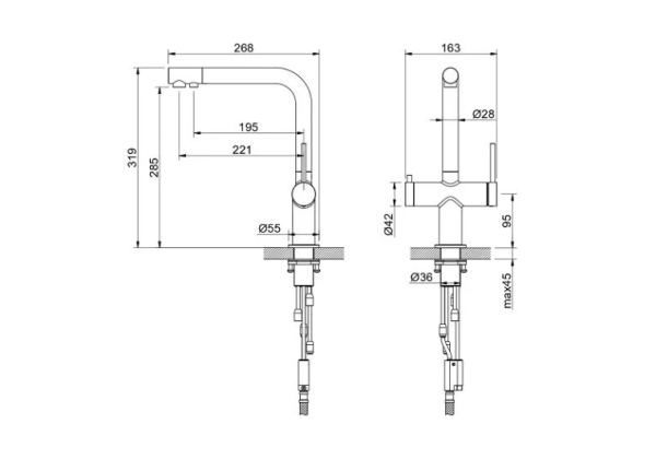 Смеситель для кухни/мойки Aquatek Европа с каналом для фильтрованной воды, однорычажный, поворотный, керамический, излив 221 мм, высота излива 285 мм латунь, цвет оружейная сталь