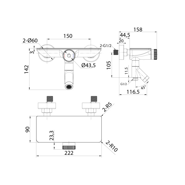 Смеситель для ванны/душа IDDIS Shelfy, управление Push Control, настенный, поворотный, керамический картридж, длина излива 116 мм, латунь, цвет черный матовый, с полкой