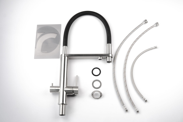 Смеситель для кухни/мойки Knotlor Infinity, с подключением к фильтру, однорычажный, поворотный, керамический, R-излив, гибкий, длина 237 мм, матовая сталь/черный, нержавеющая сталь