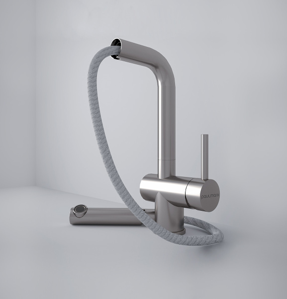 Смеситель для кухни/мойки Paulmark Dosse, однорычажный, поворотный, керамический картридж, высокий, выдвижной излив, длина излива 202 мм, нержавеющая сталь, цвет нержавеющая сталь