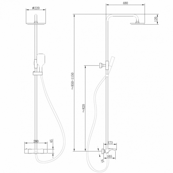 Душевая система ABBER Thermostat наружного монтажа, высота 1150 мм, цвет никель, комплект: смеситель термостатический/излив/тропический душ (с верхней лейкой)/стойка/лейка/шланг, латунь