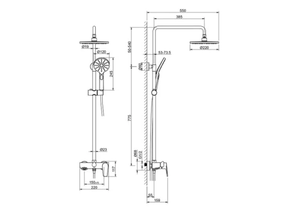 Душевая система Aquatek Бетта 884-1384 мм, цвет оружейная сталь, комплект: смеситель/излив/тропический душ (с верхней лейкой)/лейка/стойка/шланг, нержавеющая сталь/пластик