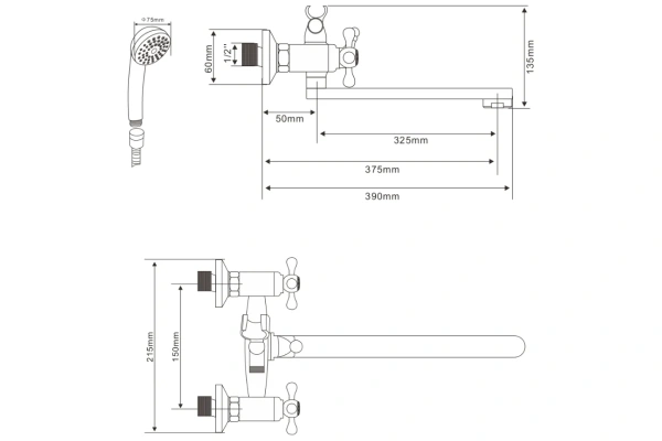 Смеситель для ванны/душа Olives Anari AN19221 двухвентильный, кран-буксы керамика , настенный, излив поворотный 325 мм, с гибким шлангом, душем/лейкой, латунь, хром